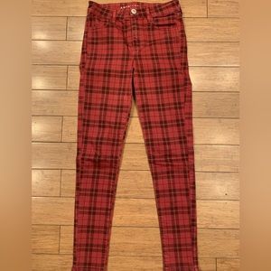American Eagle Next Level Stretch High Rise Jegging Red Plaid Jeans Sz 4 Reg